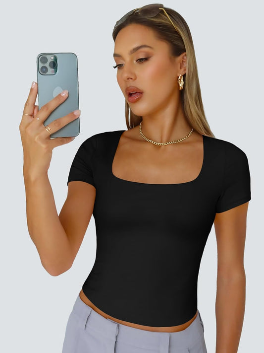 Trendy Queen Womens Double Lined Short Sleeve Square Neck Crop Tops