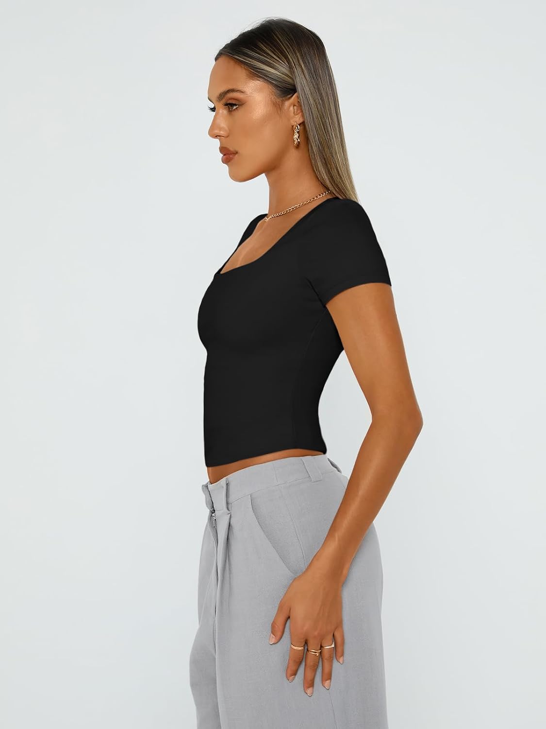 Trendy Queen Womens Double Lined Short Sleeve Square Neck Crop Tops