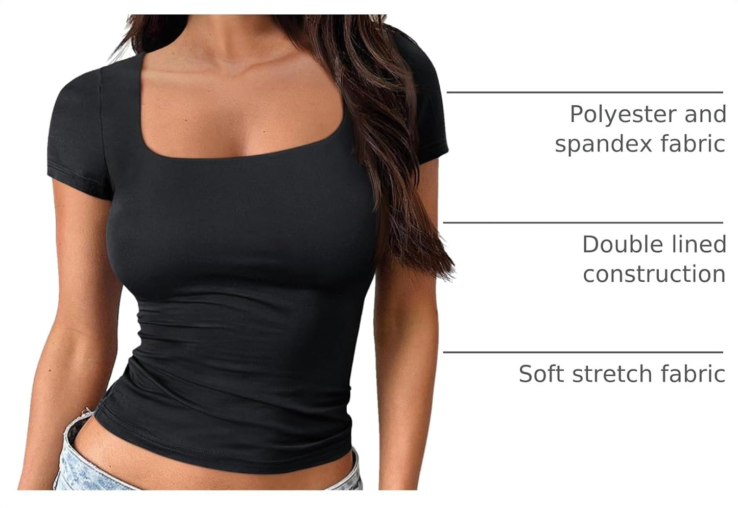 Trendy Queen Womens Double Lined Short Sleeve Square Neck Crop Tops