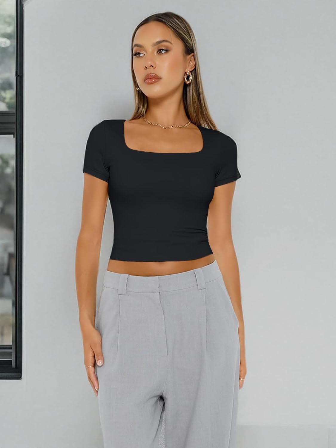 Trendy Queen Womens Double Lined Short Sleeve Square Neck Crop Tops