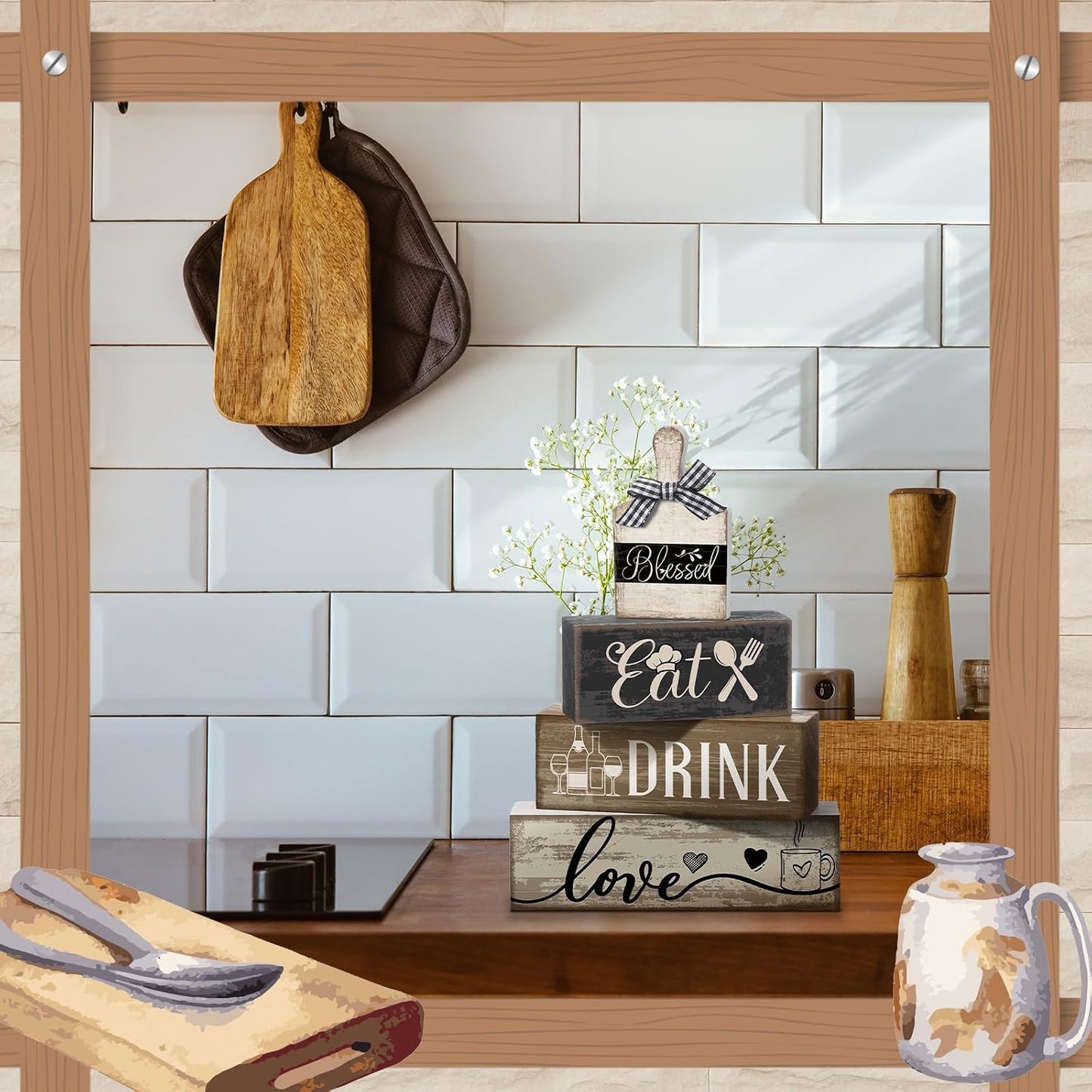 Moucuny 4 Pcs Farmhouse Kitchen Decor Wooden Plate Farmhouse Table Decor