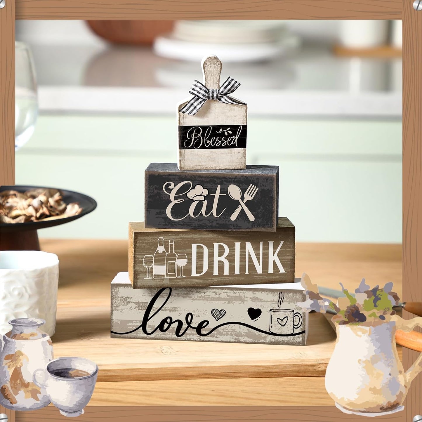 Moucuny 4 Pcs Farmhouse Kitchen Decor Wooden Plate Farmhouse Table Decor