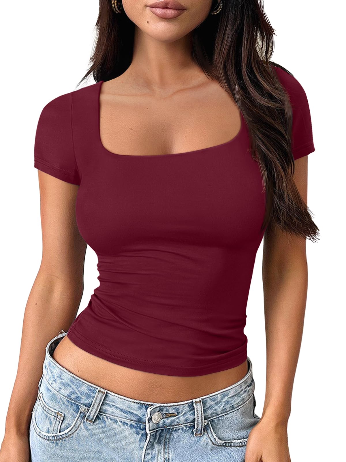 Trendy Queen Womens Double Lined Short Sleeve Square Neck Crop Tops