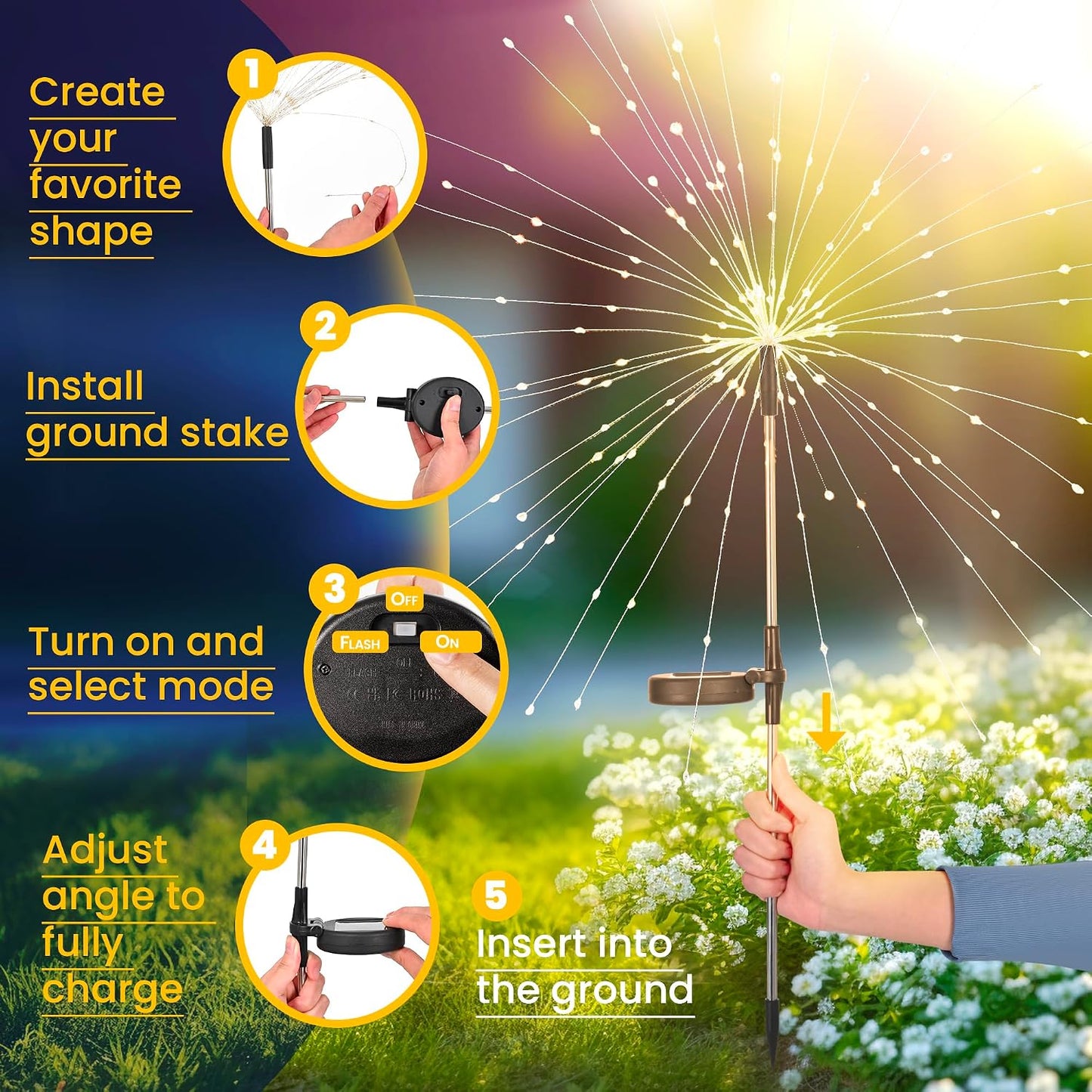 GIGALUMI 2 Pack Solar Firework Lights Outdoor, Garden Decor, Warm White