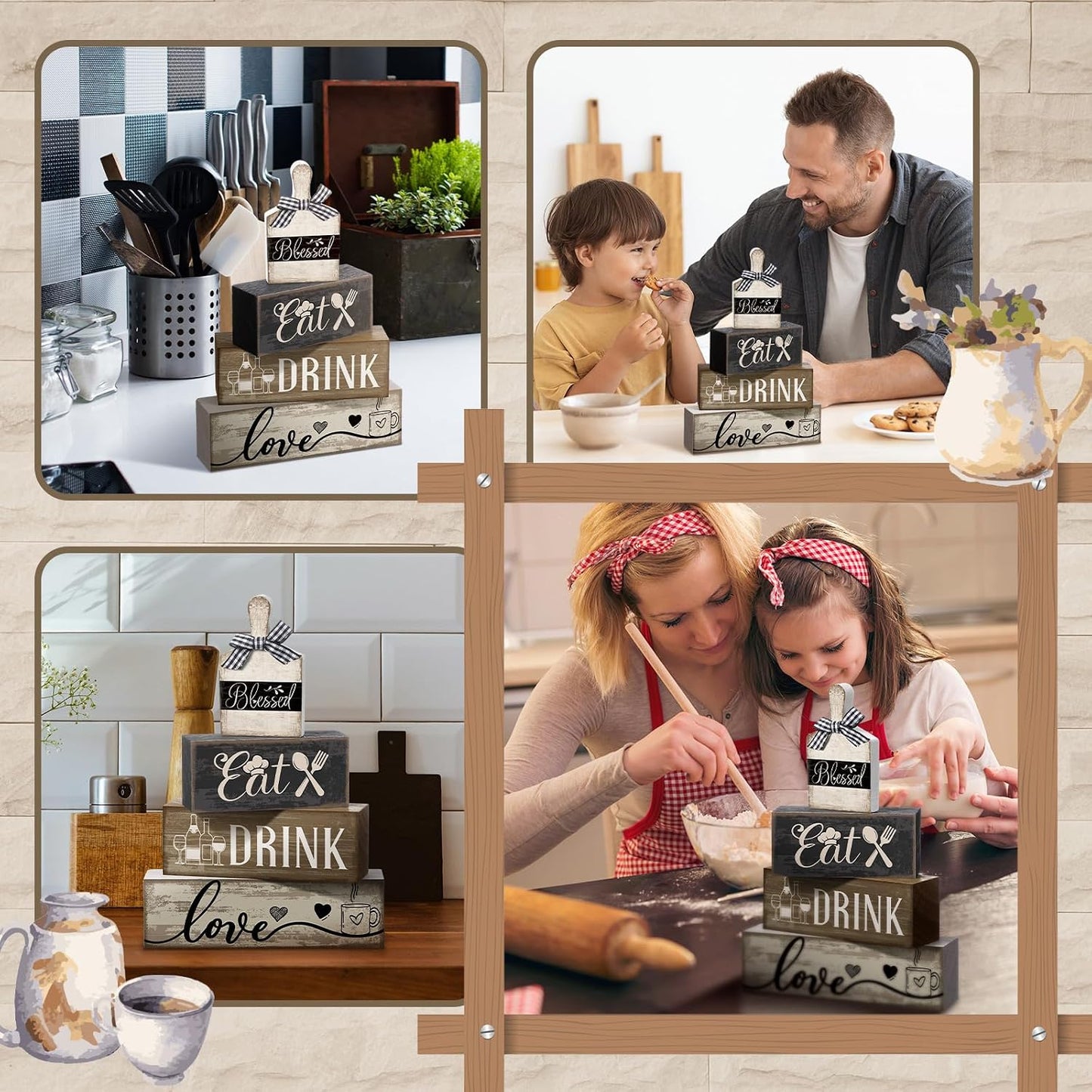 Moucuny 4 Pcs Farmhouse Kitchen Decor Wooden Plate Farmhouse Table Decor