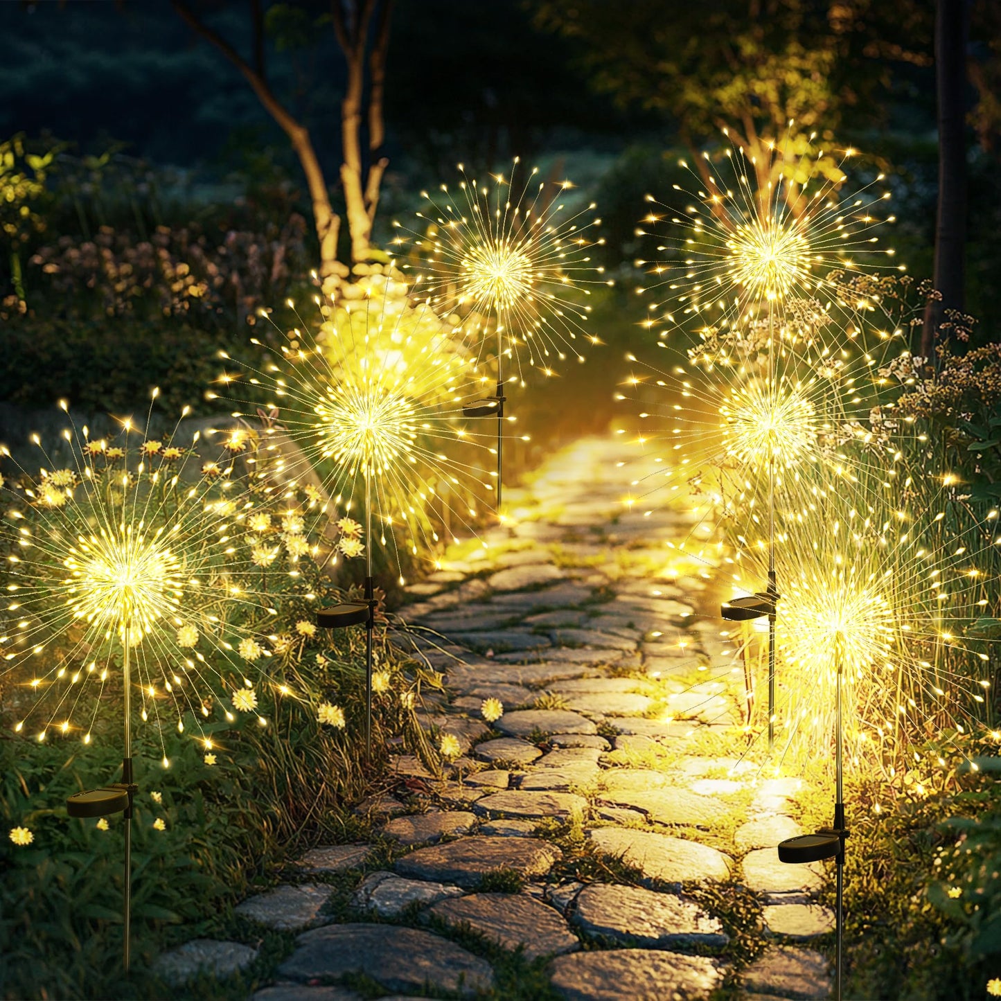 GIGALUMI 2 Pack Solar Firework Lights Outdoor, Garden Decor, Warm White
